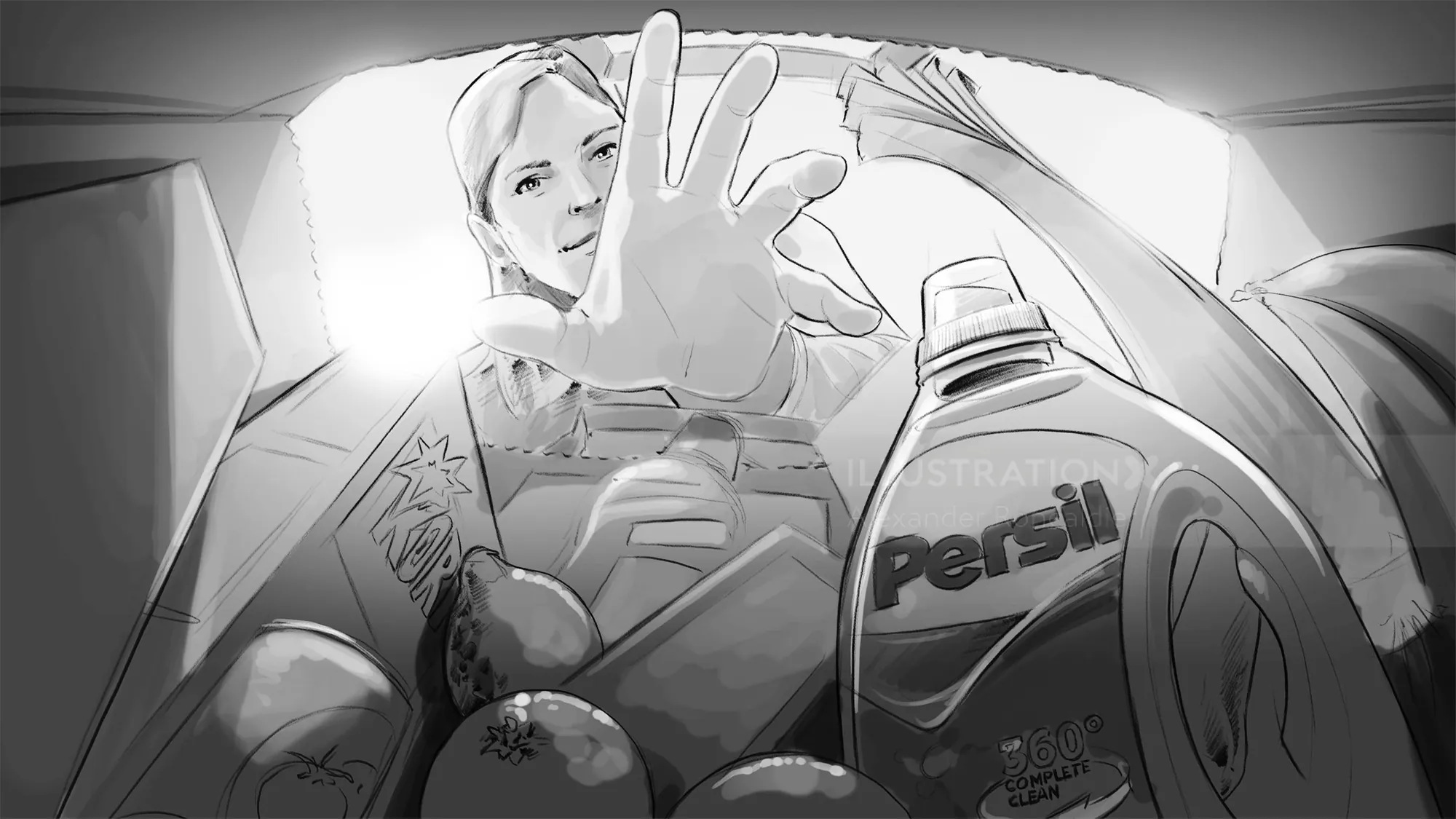 Sketch of groceries including Persil detergent from inside a bag, person reaching in, by Alexander R