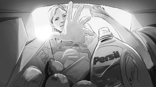 Sketch of groceries including Persil detergent from inside a bag, person reaching in, by Alexander R