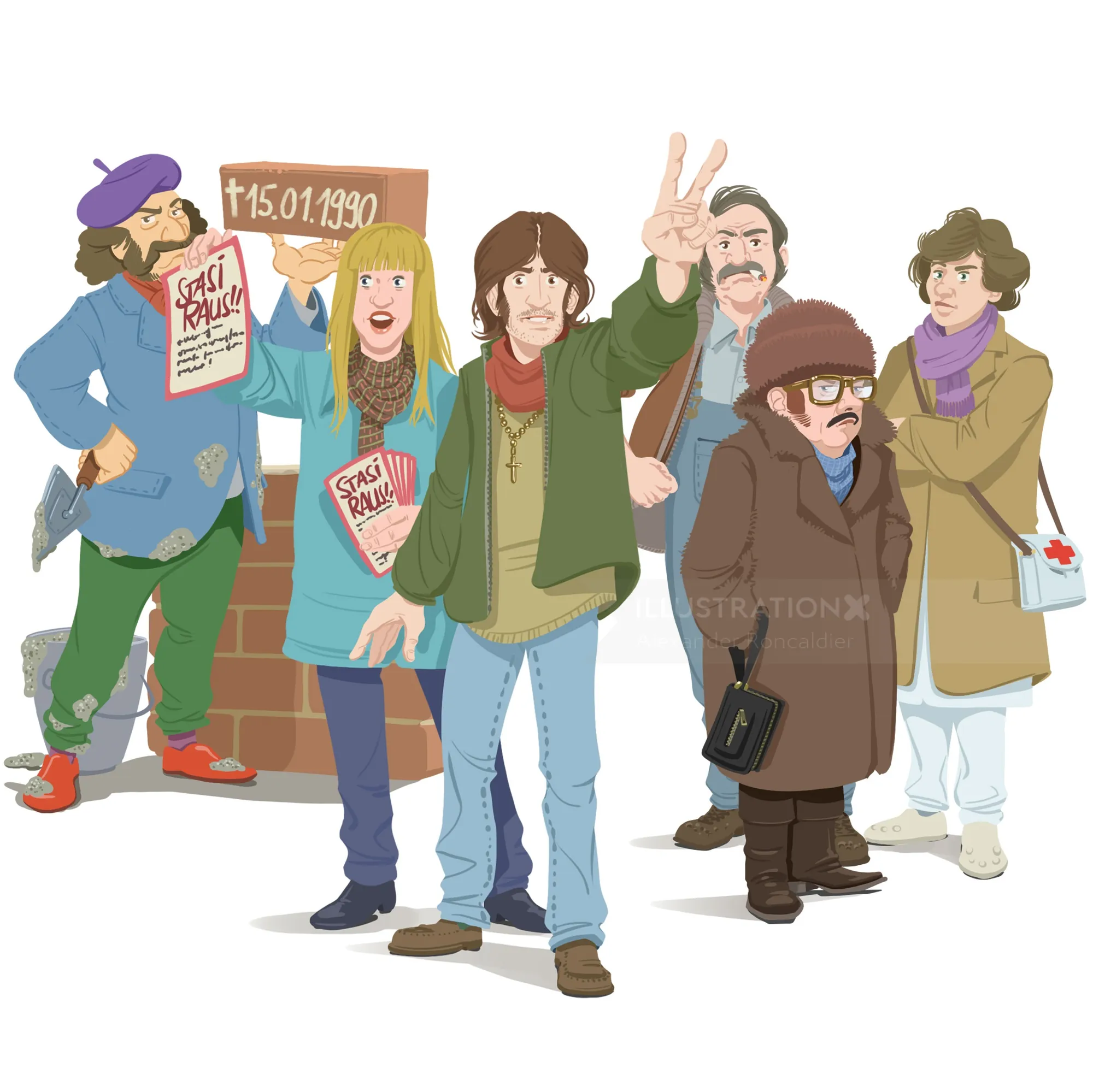 Illustration of six protesters holding signs and making peace signs by Alexander Roncaldier