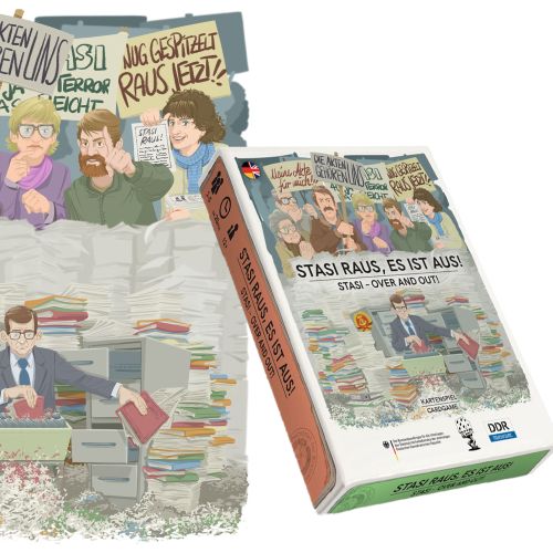 Cartoon of protestors behind papers and book titled 'Stasi raus, es ist Aus!' by Alexander Roncaldie