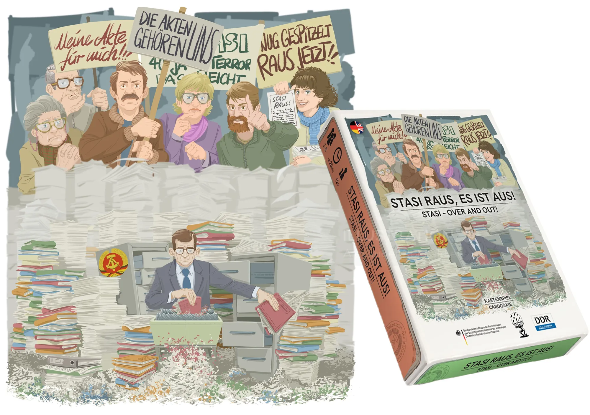 Cartoon of protestors behind papers and book titled 'Stasi raus, es ist Aus!' by Alexander Roncaldie