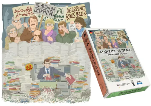 Cartoon of protestors behind papers and book titled 'Stasi raus, es ist Aus!' by Alexander Roncaldie