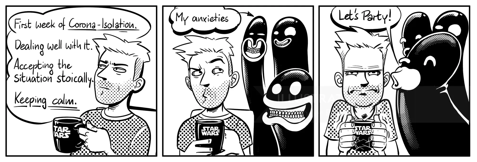 Comic strip illustrating a man's anxieties and playful characters by Alexander Roncaldier