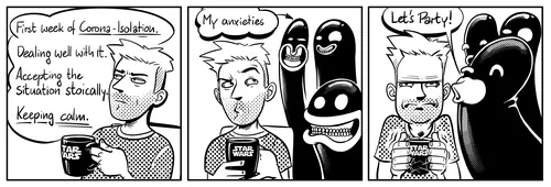 Comic strip illustrating a man's anxieties and playful characters by Alexander Roncaldier