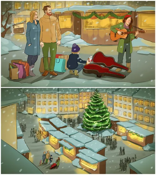 Winter holiday market scene with musician playing guitar and decorated stalls by Alexander Roncaldie