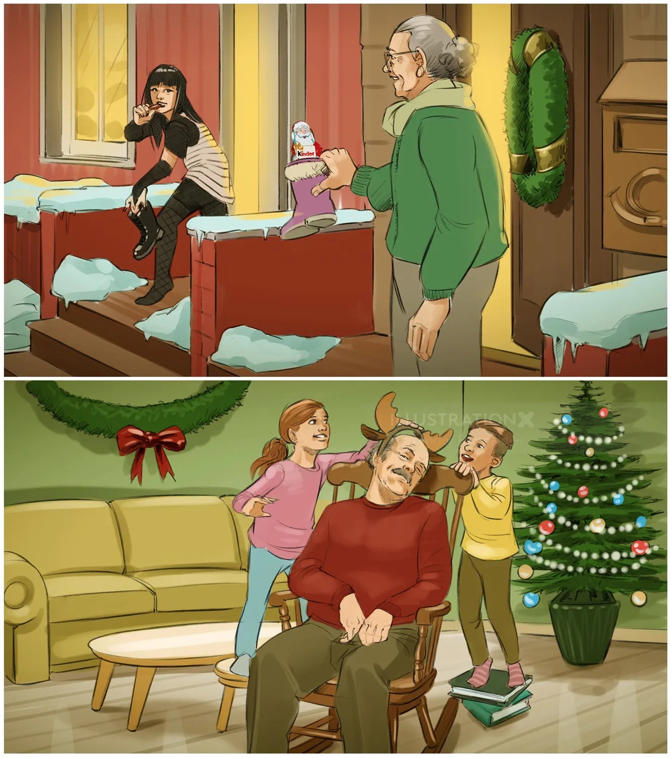 Holiday family scenes with children and elderly adults by a Christmas tree by Alexander Roncaldier
