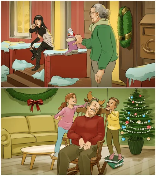 Holiday family scenes with children and elderly adults by a Christmas tree by Alexander Roncaldier