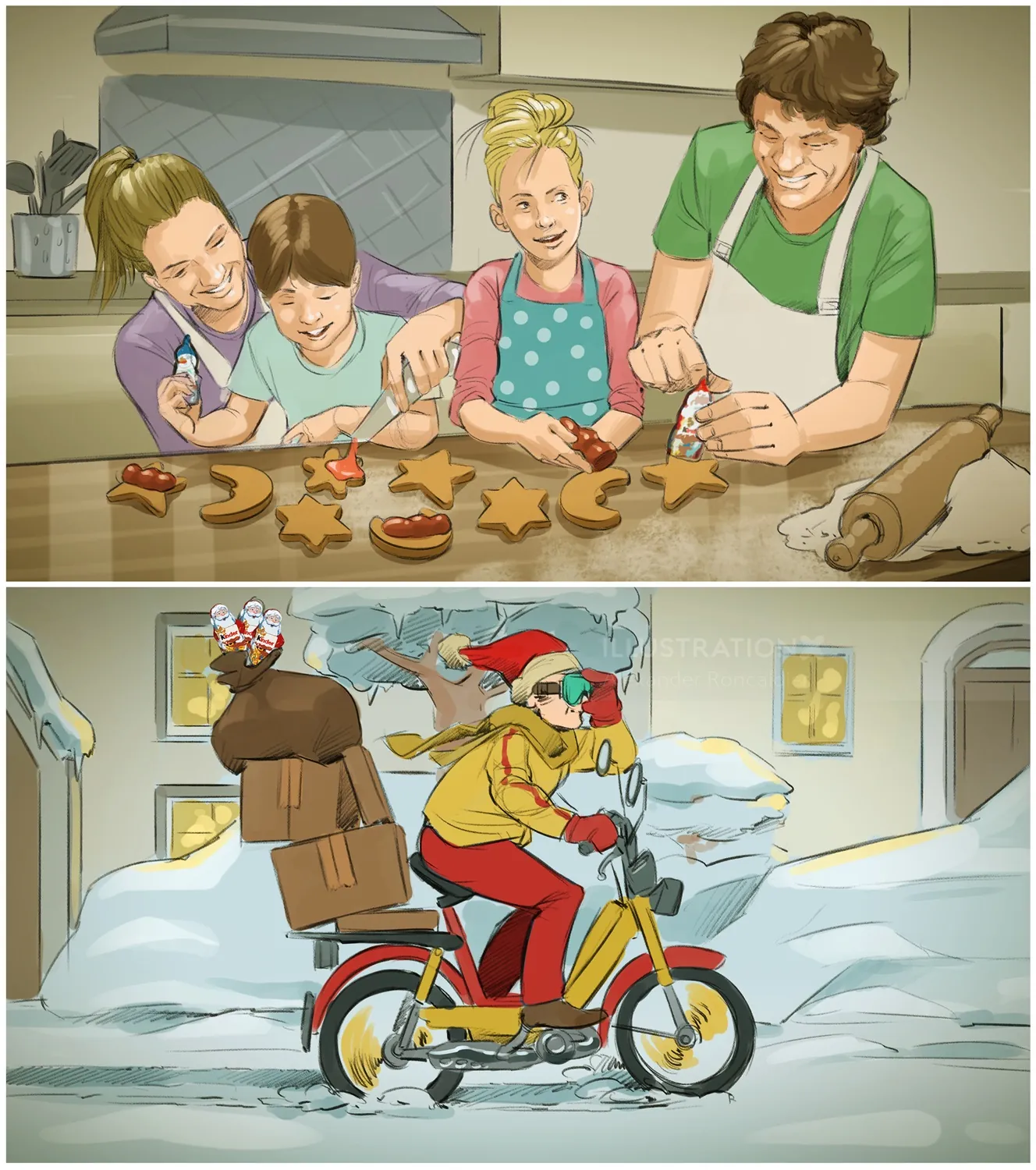 Family baking cookies and delivery person riding bicycle in snow by Alexander Roncaldier