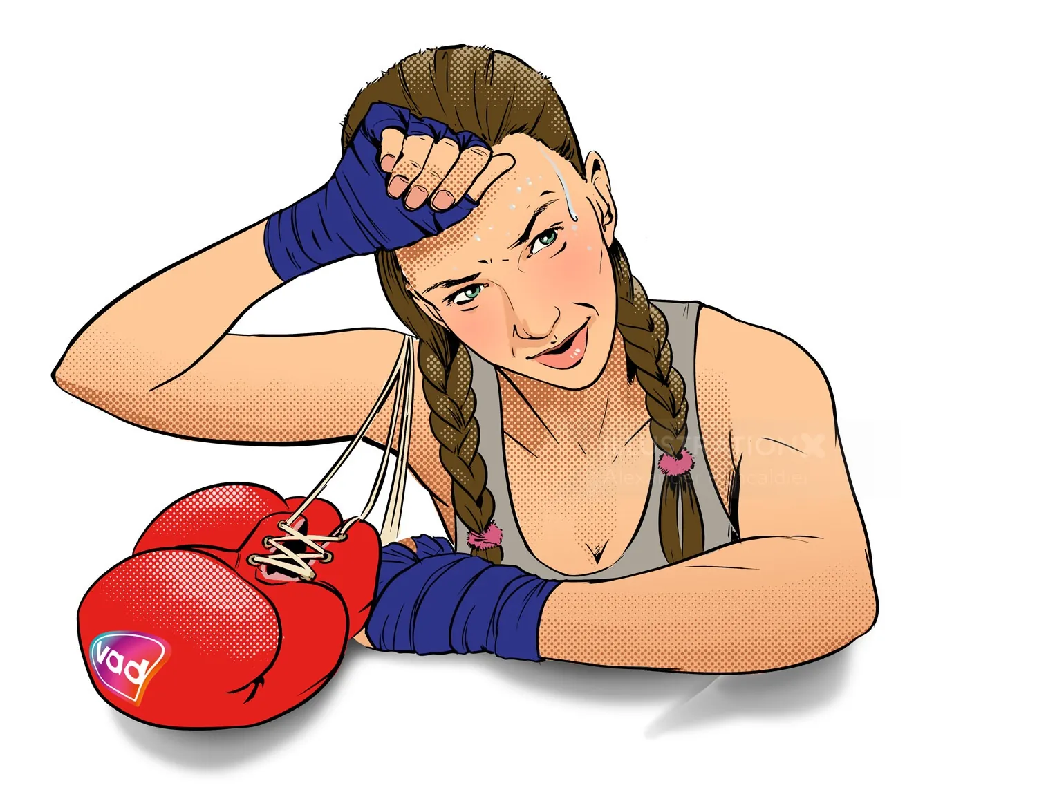 Exhausted female boxer resting with red gloves by Alexander Roncaldier