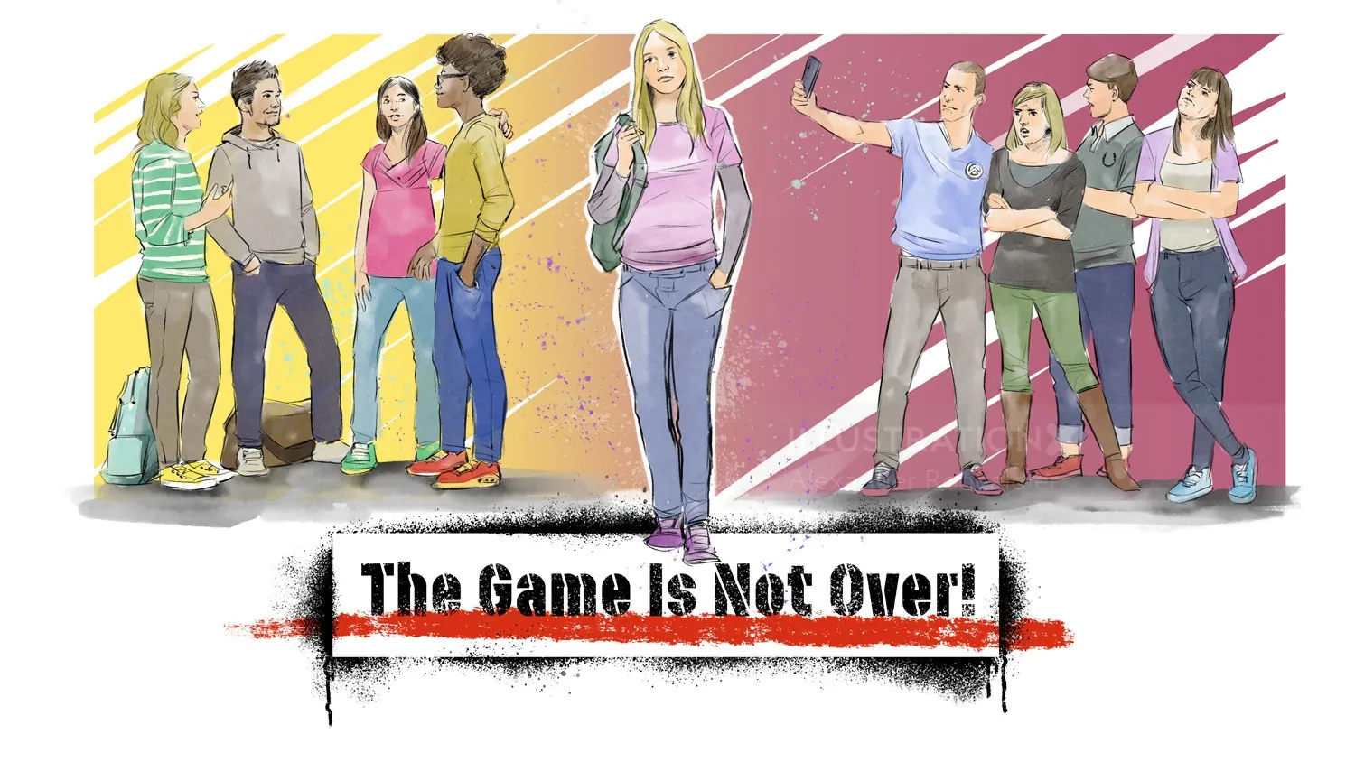 Illustration of diverse young adults with text 'The Game Is Not Over!' by Alexander Roncaldier