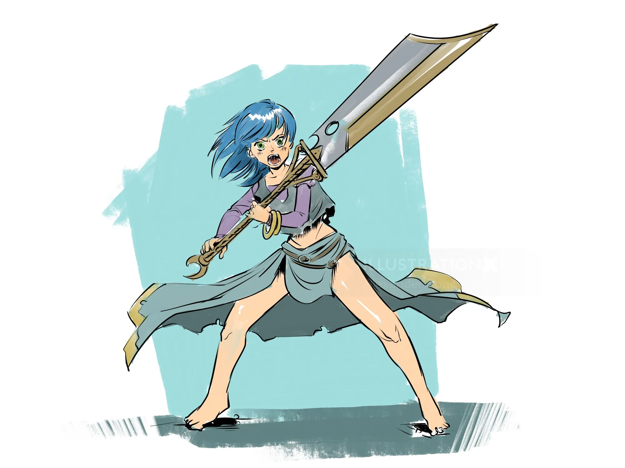 Blue-haired female warrior holding large sword, illustration by Alexander Roncaldier