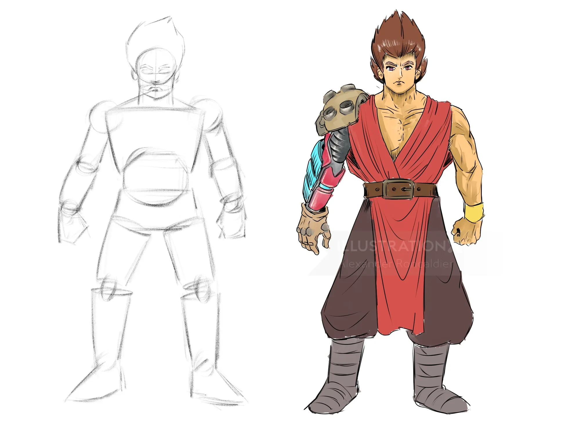 Character design of muscular man with small primate on shoulder by Alexander Roncaldier