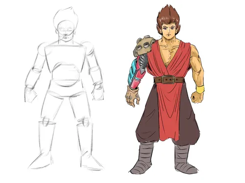 Character design of muscular man with small primate on shoulder by Alexander Roncaldier