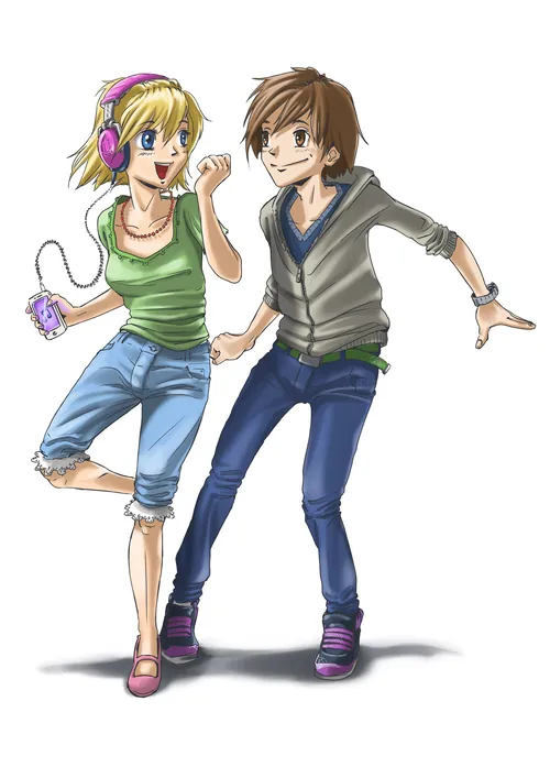 Two young people dancing, a woman with headphones and a man, by Alexander Roncaldier