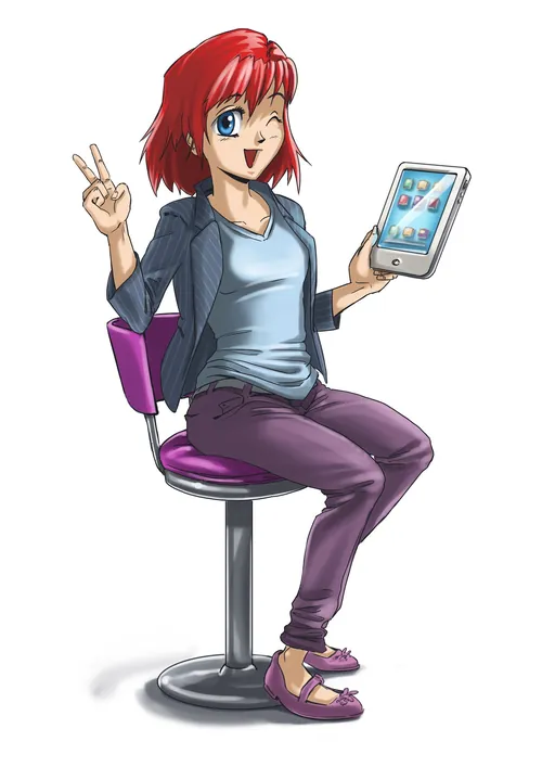 Anime girl sitting on chair holding tablet and making peace sign by Alexander Roncaldier