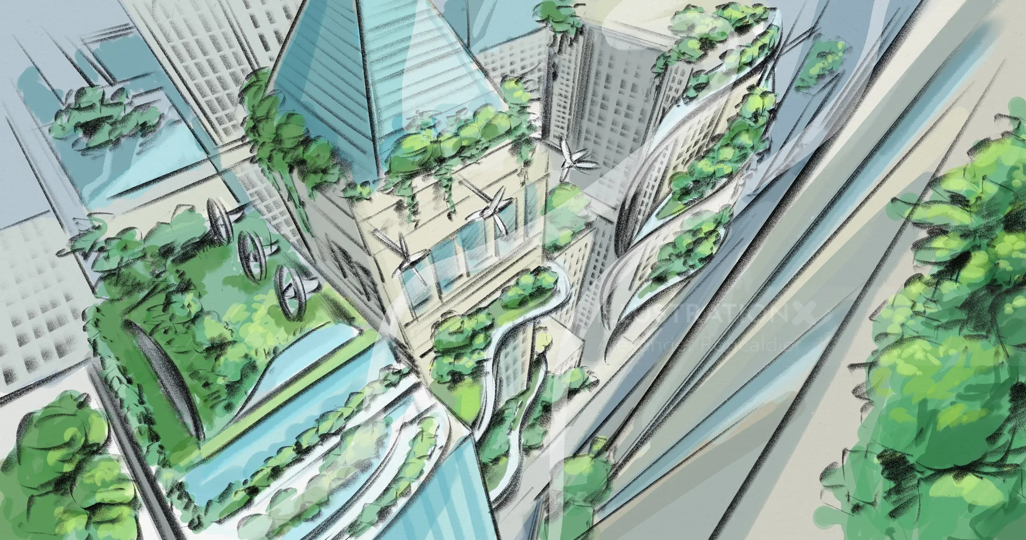 Futuristic urban buildings with integrated greenery by Alexander Roncaldier