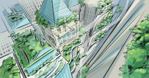 Futuristic urban buildings with integrated greenery by Alexander Roncaldier