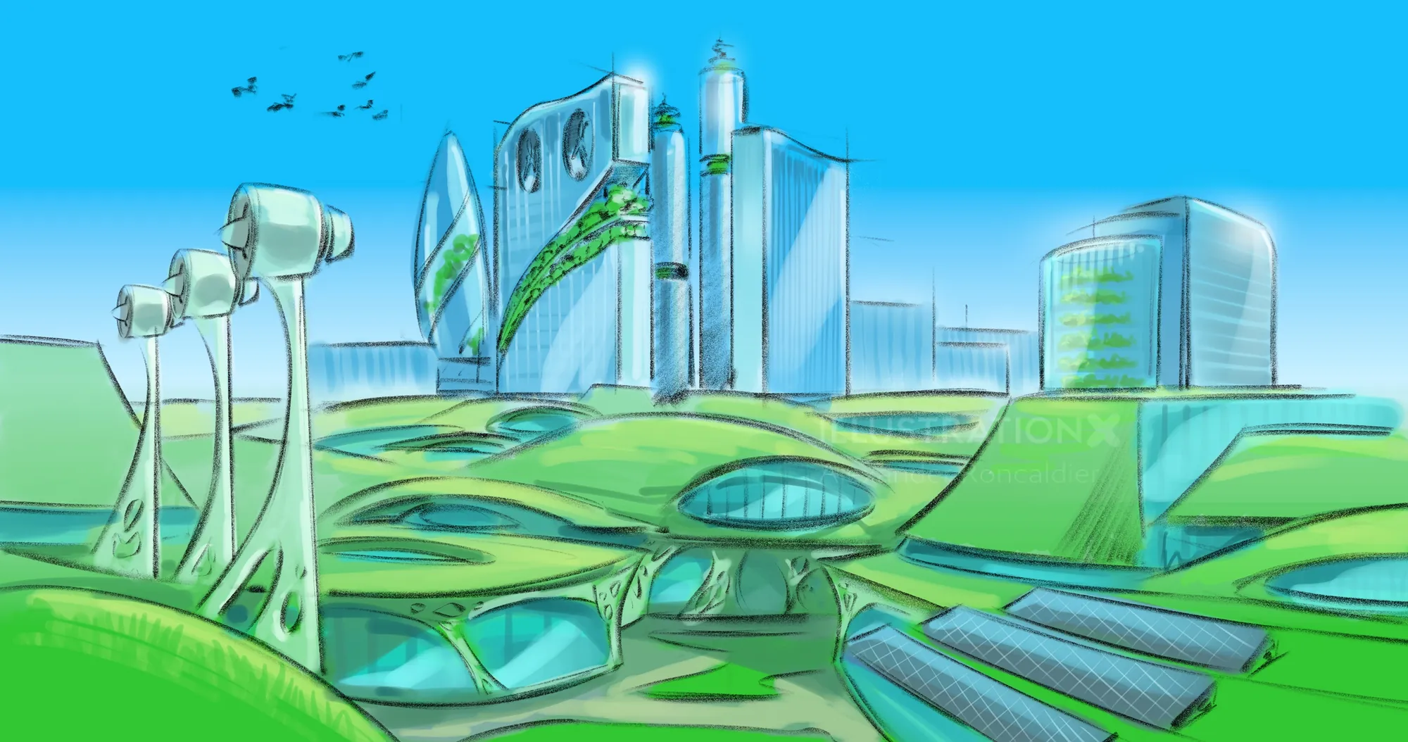 Futuristic cityscape with green architecture and blue sky by Alexander Roncaldier