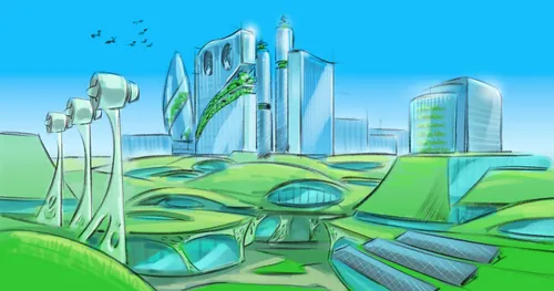 Futuristic cityscape with green architecture and blue sky by Alexander Roncaldier