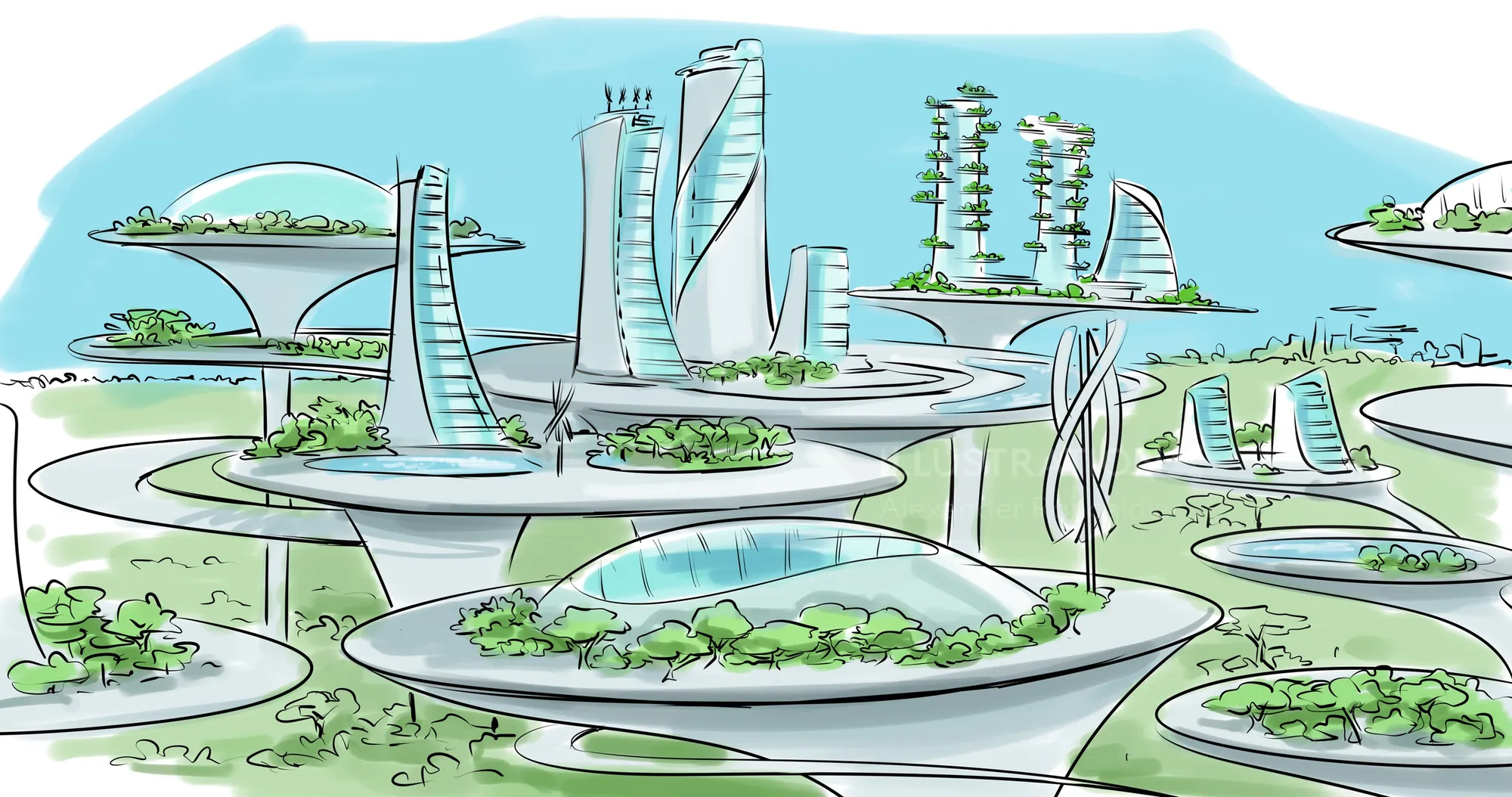 Futuristic city with green rooftop gardens and circular buildings by Alexander Roncaldier