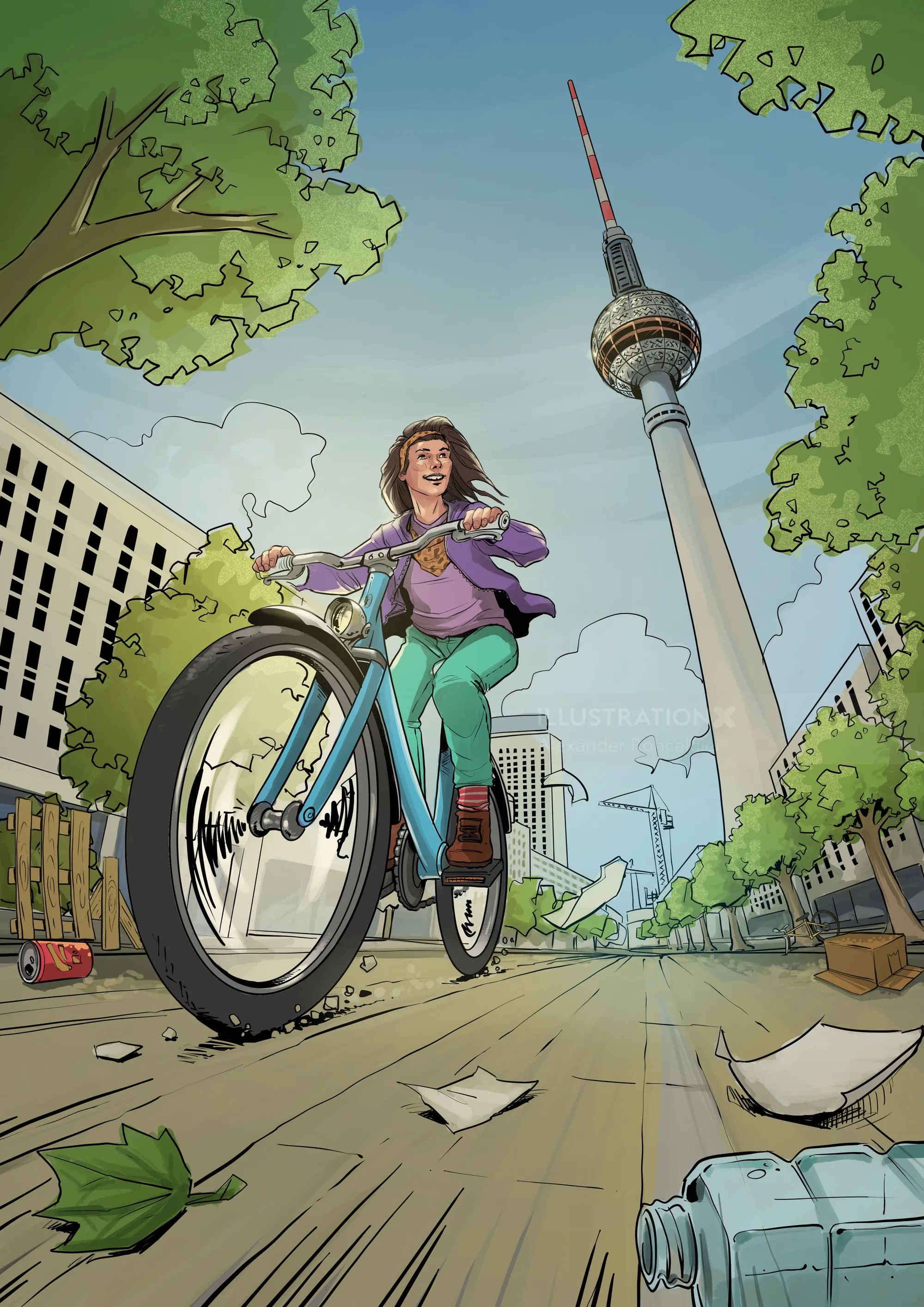 Woman cycling on a city path with tall tower and trees nearby
