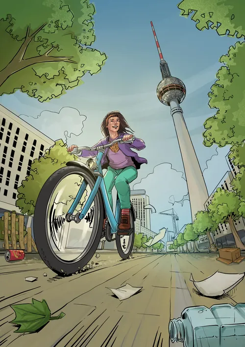 Woman cycling on a city path with tall tower and trees nearby