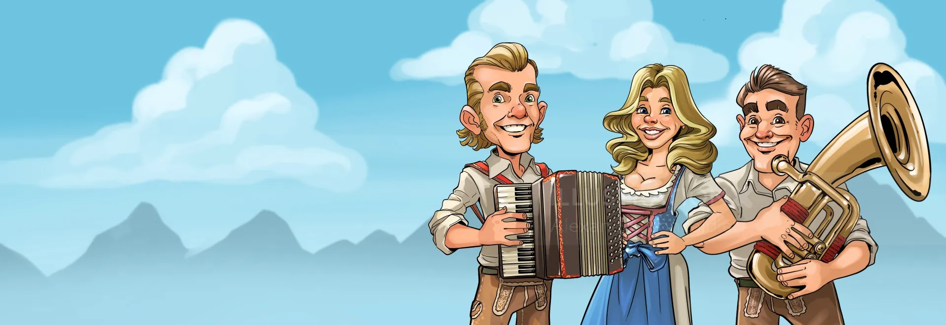 Three happy musicians playing accordion, violin, and trumpet outside