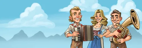 Three happy musicians playing accordion, violin, and trumpet outside