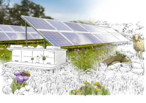 Solar panels, beehive, flowers, and a sheep in a meadow illustration
