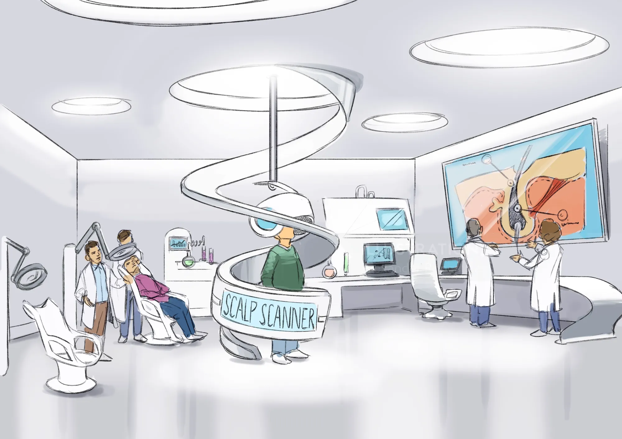 Medical staff scanning patient's scalp with high-tech equipment