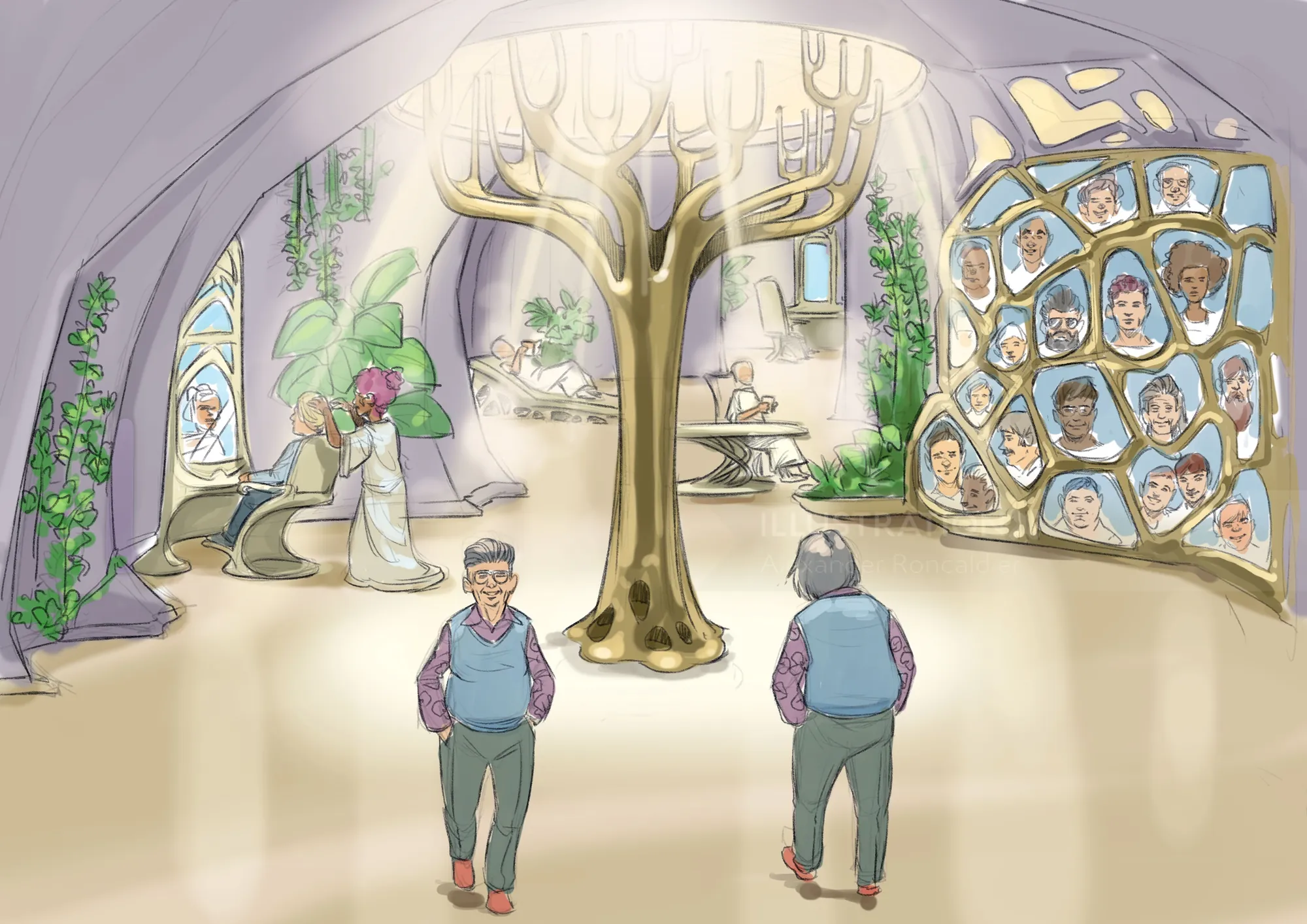 Two elderly men look at a glowing tree and family portraits in a bright room