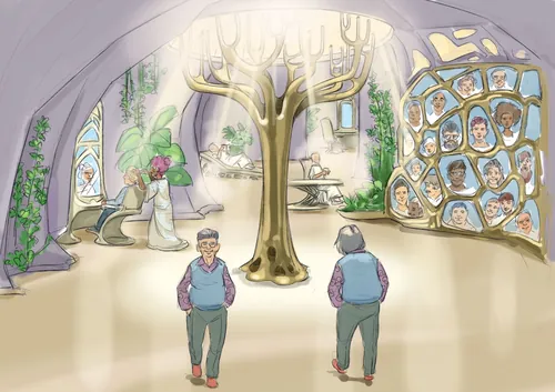 Two elderly men look at a glowing tree and family portraits in a bright room