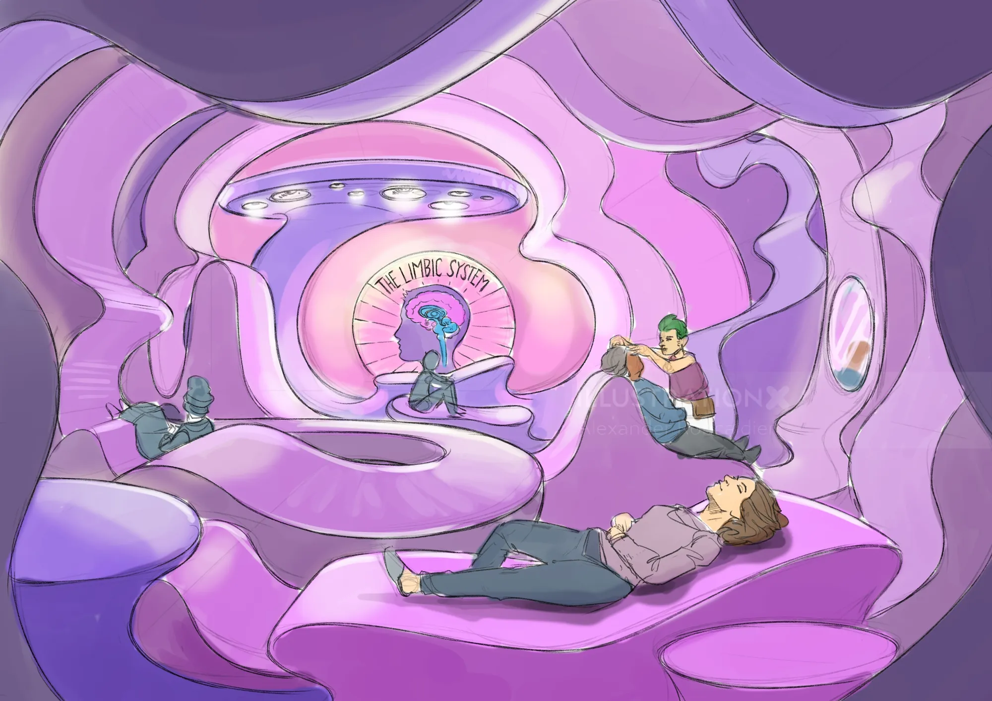 People relaxing in a futuristic purple lounge with curved organic shapes