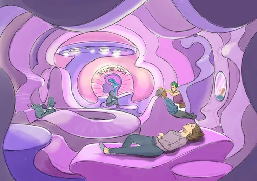 People relaxing in a futuristic purple lounge with curved organic shapes