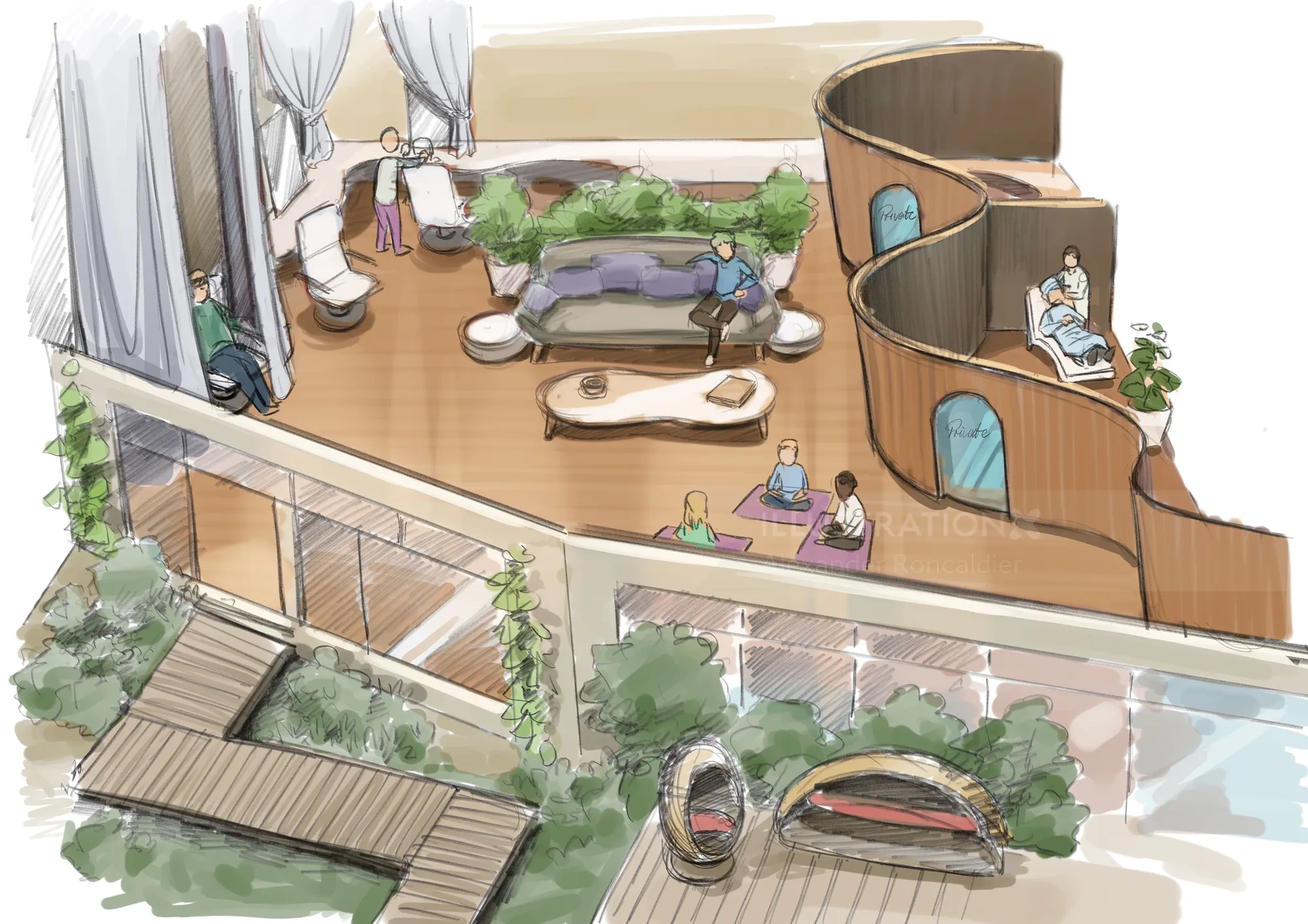 Open living area with curved wooden walls, seating, and outdoor patio view.
