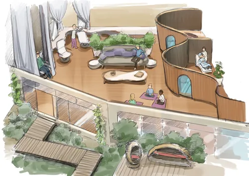 Open living area with curved wooden walls, seating, and outdoor patio view.