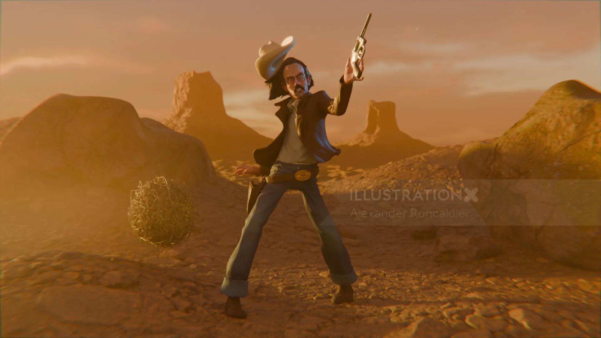 Animated cowboy with pistol in desert with rock formations
