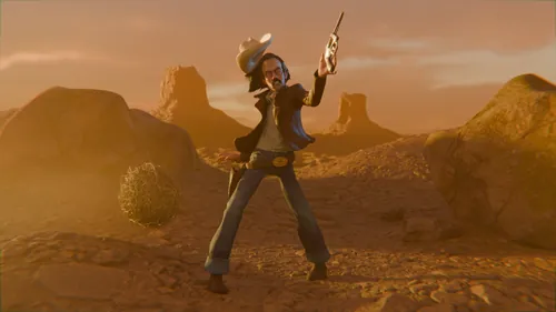 Animated cowboy with pistol in desert with rock formations