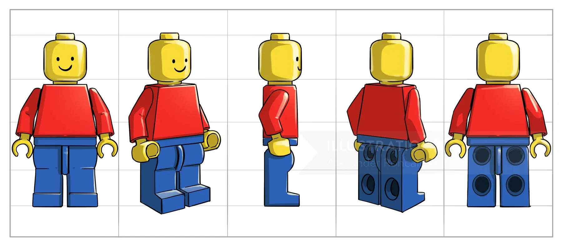 LEGO minifigure with red top and blue pants from different views