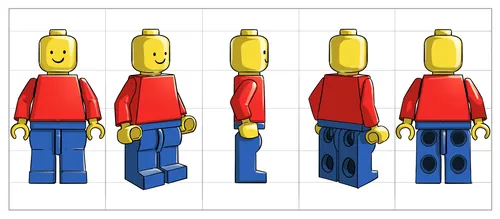 LEGO minifigure with red top and blue pants from different views