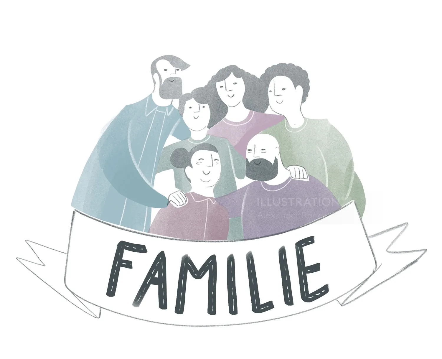 Smiling family group with banner saying Familie