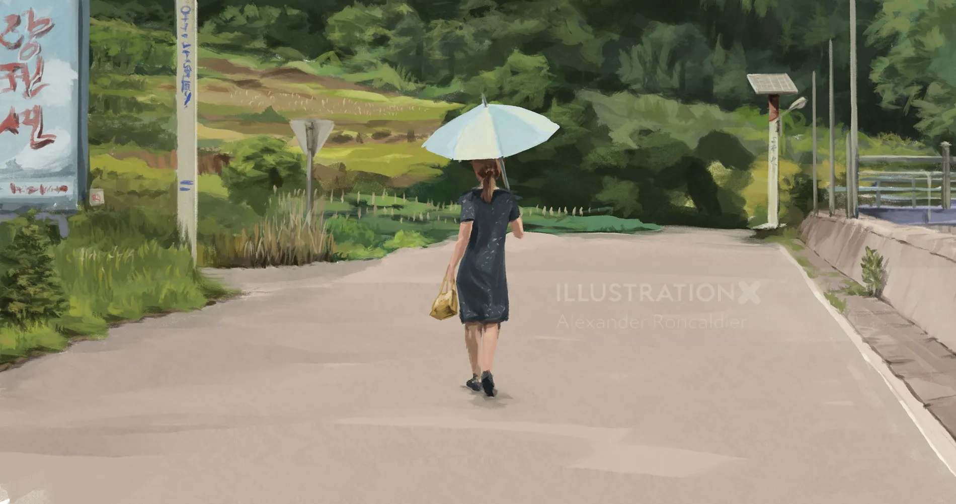 Person walking down a sunny road with white umbrella and greenery