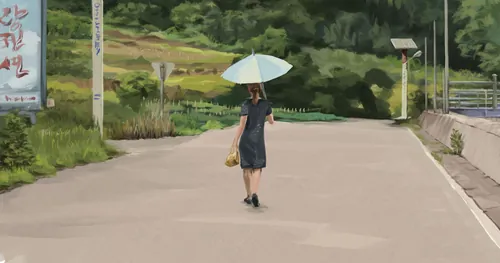 Person walking down a sunny road with white umbrella and greenery