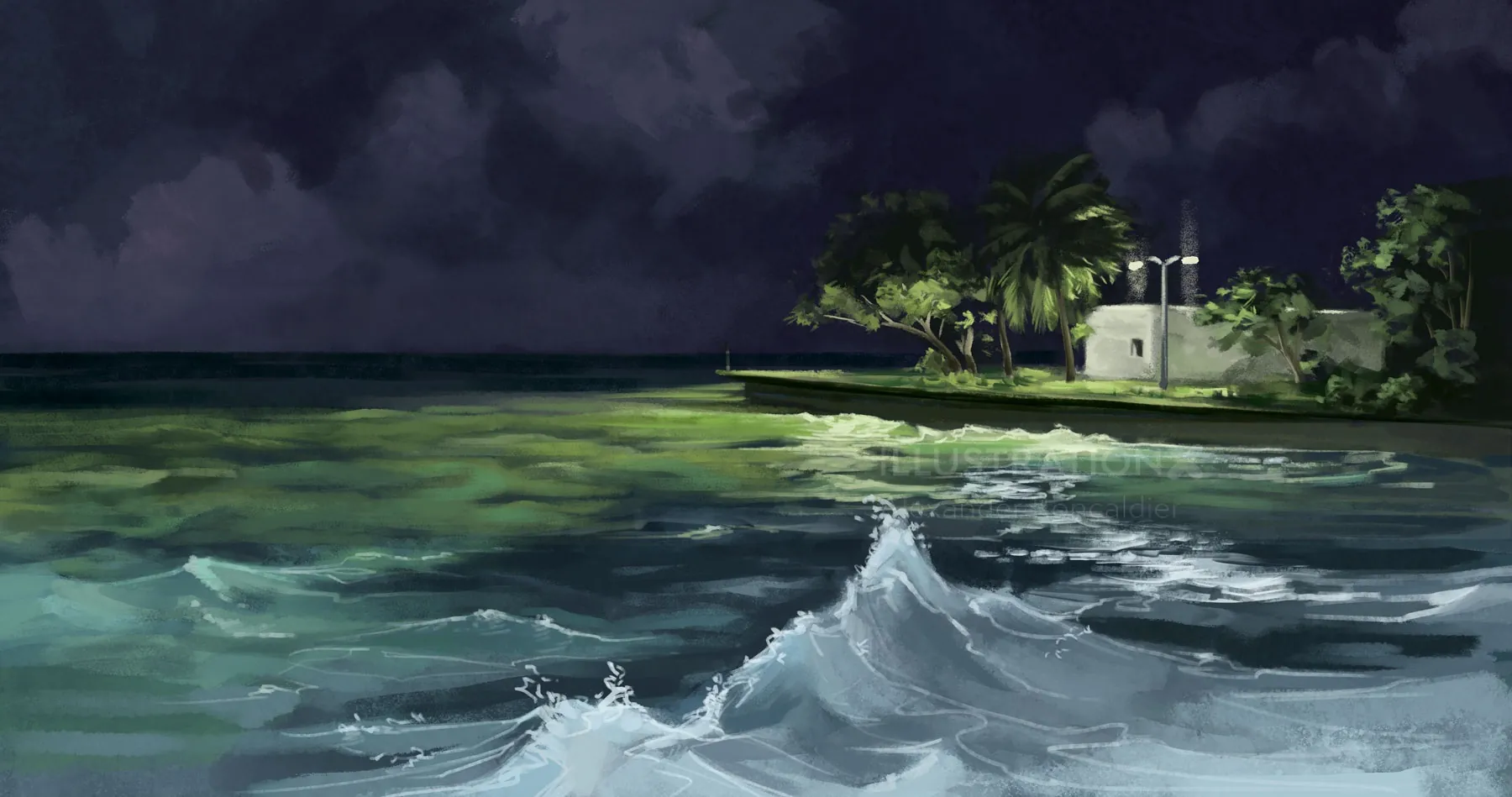 Waves crashing on shore under dark cloudy night sky with distant lights