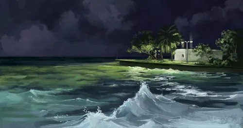 Waves crashing on shore under dark cloudy night sky with distant lights