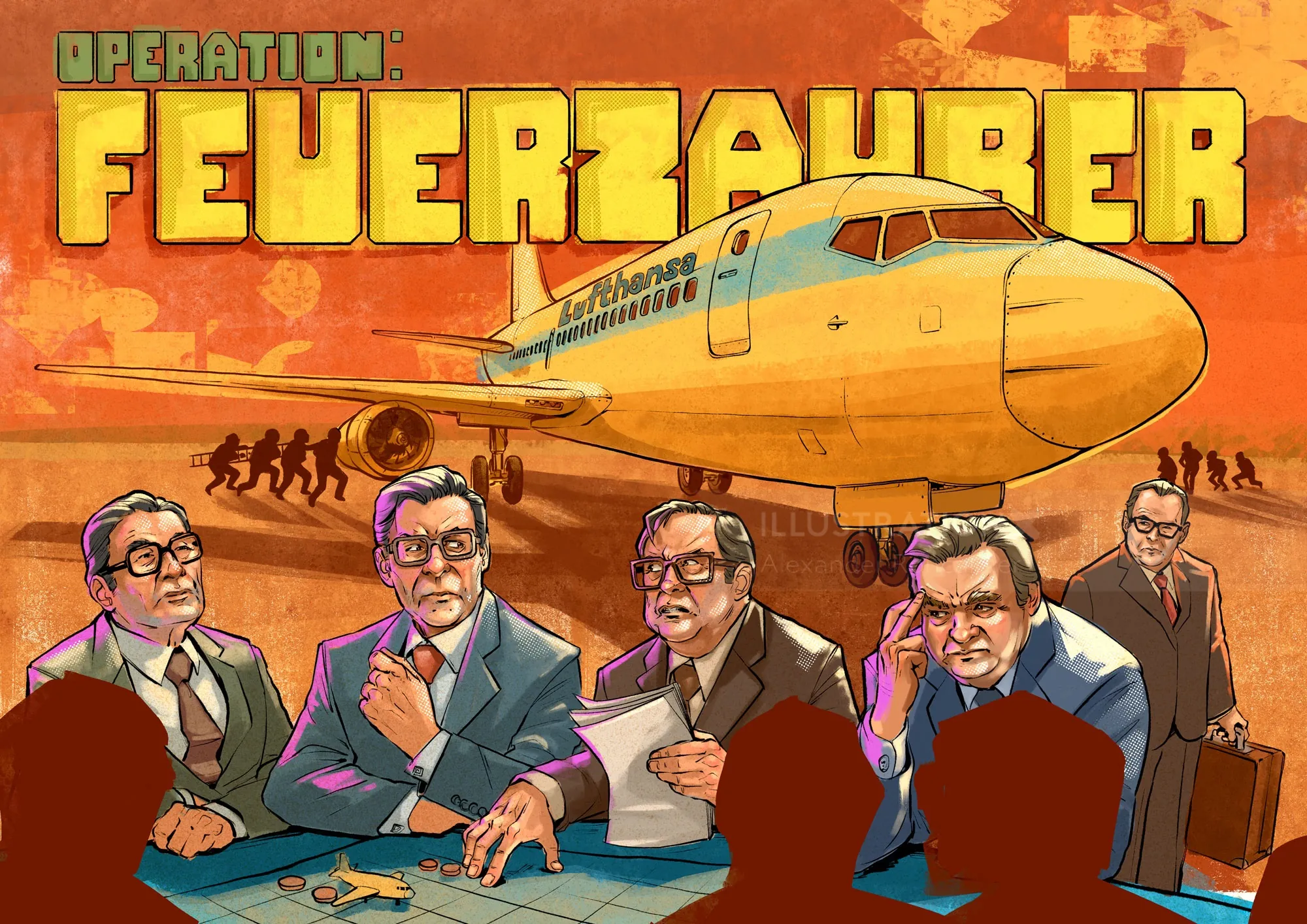 Men in suits strategizing at table with airplane behind them