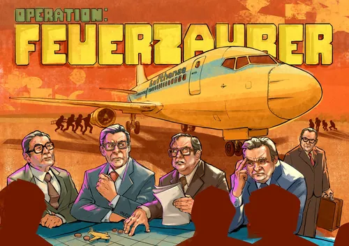 Men in suits strategizing at table with airplane behind them