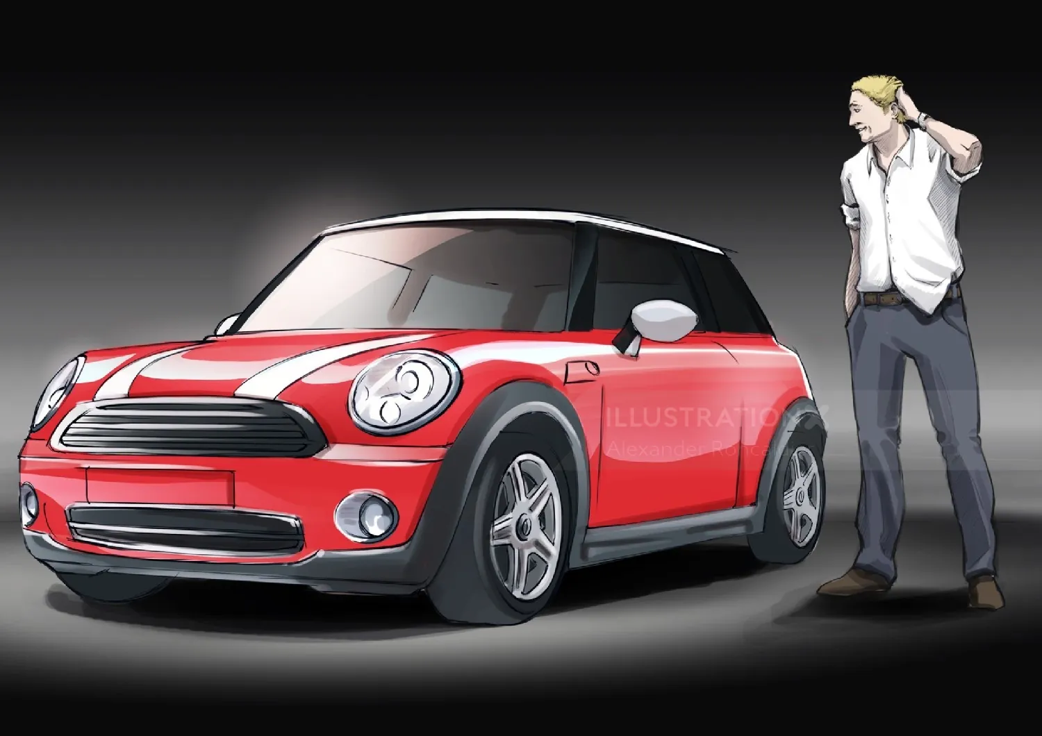 Red Mini Cooper car with white stripes and man standing nearby by Alexander Roncaldier