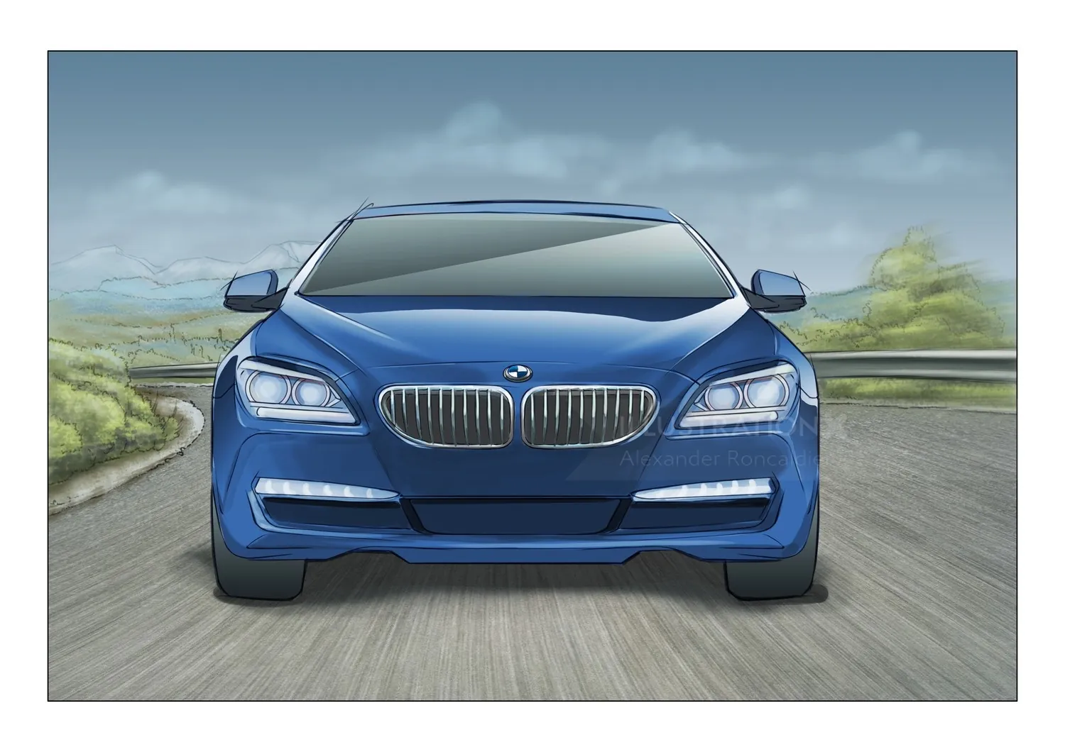 Front view of blue luxury sedan driving on road by Alexander Roncaldier