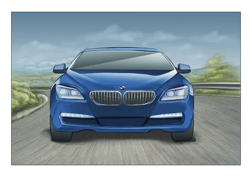 Front view of blue luxury sedan driving on road by Alexander Roncaldier